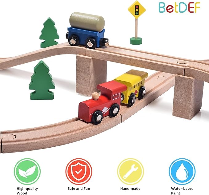 Wooden Train Set,39 Pcs-with All-Wood Train Tracks with Double Sided Wooden Tracks and Color Box for 3+ Year Old Boys and Girls Toddler-Fits Thomas Brio Melissa and Doug⦠(39PC)