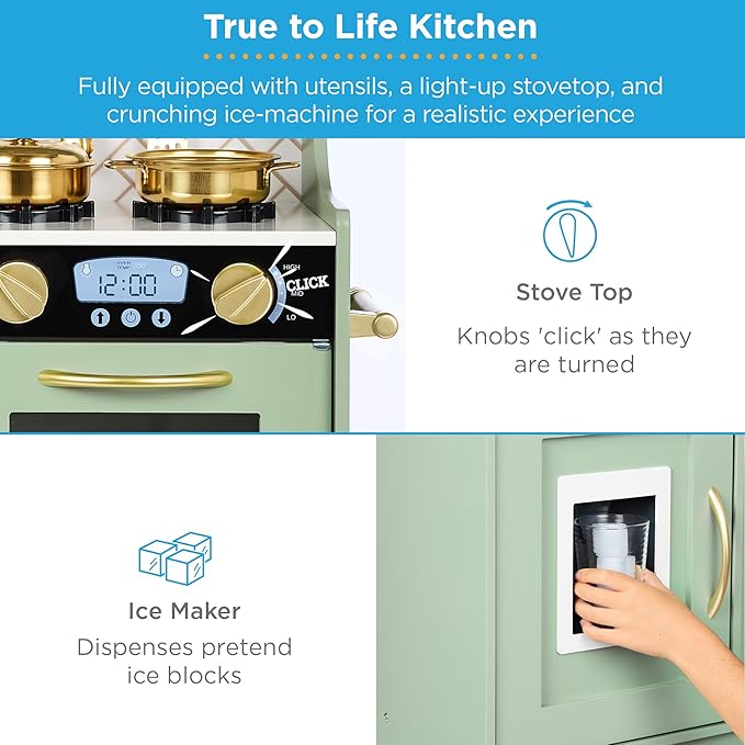 Best Choice Products Pretend Play Kitchen Wooden Toy Set for Kids w/Realistic Design, Telephone, Utensils, Oven, Microwave, Sink - Sage