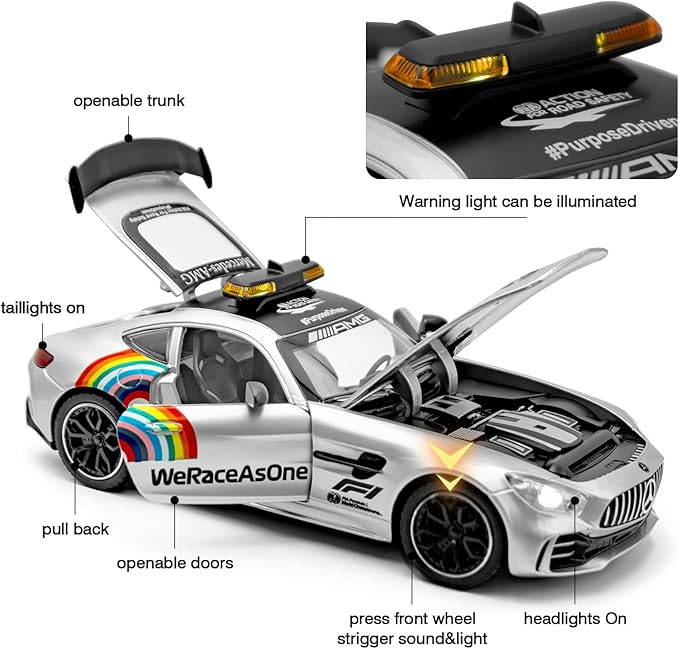 1/24 Diecast Metal Toy with Lights and Sounds, Mini Vehicles Toys Race Cars for Kids, Ages 3 and Up (Silver)