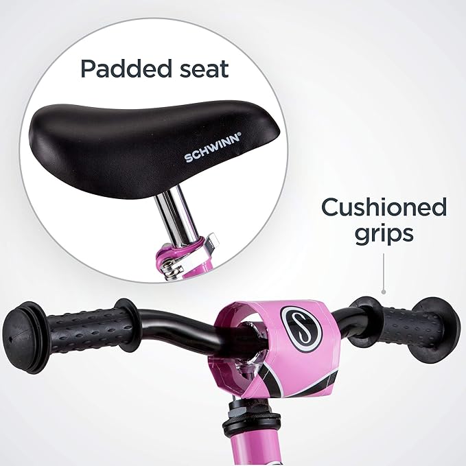 Schwinn Balance Bike, 12 Inch Bike for Kids Ages 2-4, Durable Steel Frame, Padded Seat, Cushioned Grips, Adjustable Seat Grows with Your Child, No Training Wheels Needed, Training Bicycle for Kids