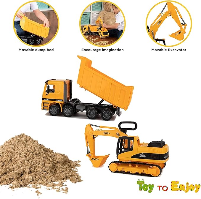 Toy To Enjoy Construction Toys - Excavator & Dump Truck Toy for Kids (Set of 2) – Moveable Claw & Lifting Back – Garbage Truck & Bulldozer Digger – Construction Vehicles for Boys & Kids