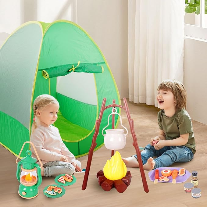 Camping Set Toys with Pop up Play Tent Indoor Outdoor Pretend Camping Playset for Toddlers Kids Boys Girls 3-5 Years Old