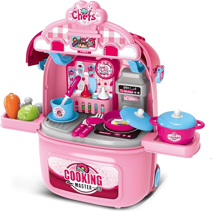 Awsoo Play Kitchen Set for Toddlers 3-5, Portable Play Kitchen with with Rolling Suitcase to Storage Plenty Toys Food, Interactive Pretend Play Toy Kitchen for Kids 3 4 5 6