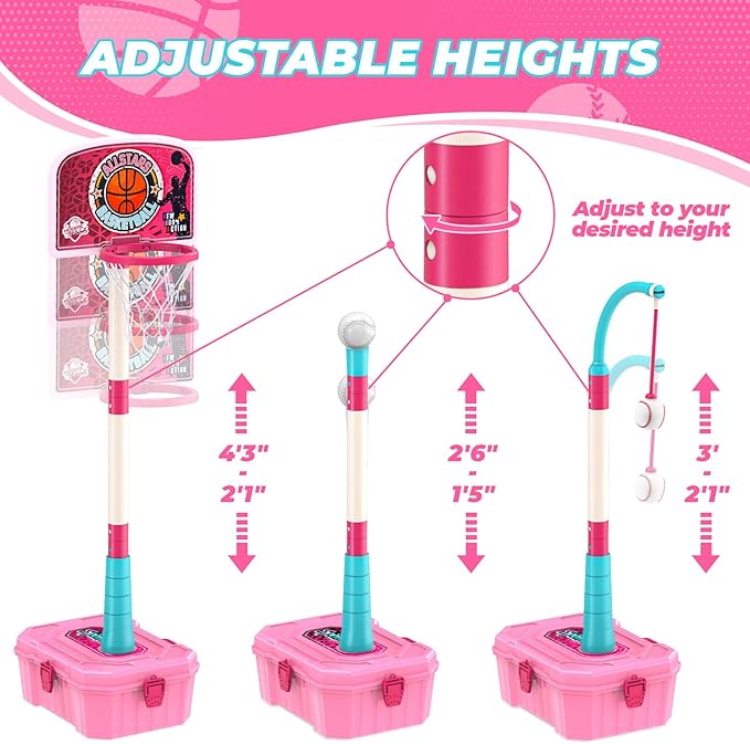 4-in-1 Toddler Basketball Hoops and T-Ball Set, Height Adjustable Kids Basketball Hoops, Baseball Launcher, Indoor/Outdoor Hanging T-Ball Baseball Toys for Boys and Girls Ages 3+(Pink)
