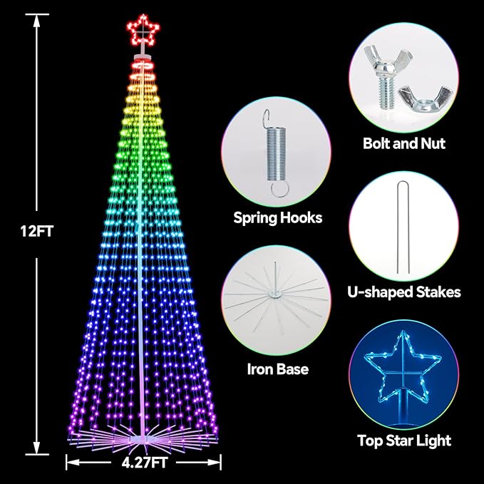 12 FT Outdoor Christmas Tree,Smart APP Remote Control RGB Color Changing DIY Timer 832 LED Christmas Tree for Indoor Outdoor Decorations