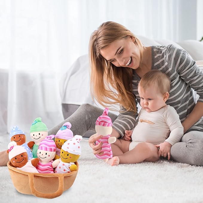 Basket Plush Baby Dolls Soft Multicultural Sensory Babies Toy Set 6 Piece Interchangeable Clothes Stuffed Plush Figures for All Ages Easter Gift