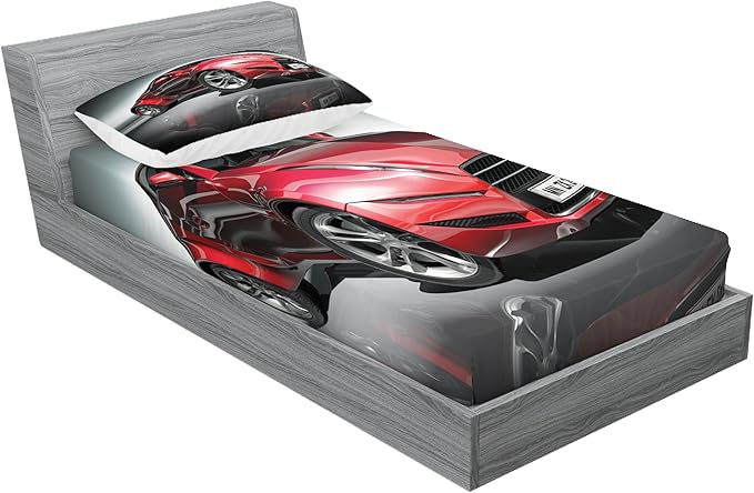 Ambesonne Cars Fitted Sheet & Pillow Sham Set, Modern Era Sports Car Designed for Spirited Performance and Fast Speed Racing Print, Decorative Printed 2 Piece Bedding Decor Set, Twin, Grey Red