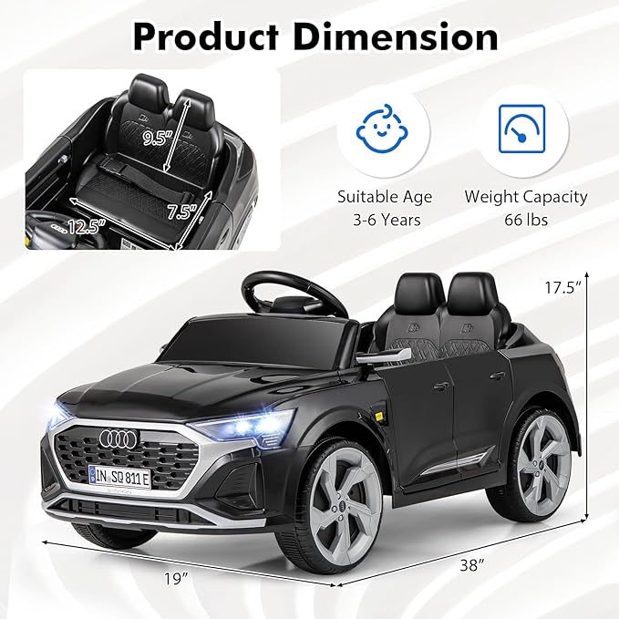 Licensed Audi SQ8 Ride on Car by INFANS, Battery Powered Electric Vehicle for with Remote Control, Adjustable Music, LED Lights, Suspension, Driving Toy Gift for Kids Toddler Age 3+ (Black)