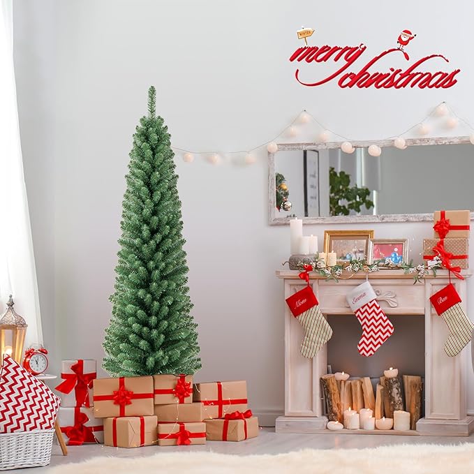 GOFLAME 5FT Prelit Pencil Christmas Tree, Slim Artificial Xmas Tree with 295 Memory Wire Branch Tips, 110 Warm White LED Lights & Upgraded Metal Stand, Seasonal Holiday Decoration Tree for Home Party