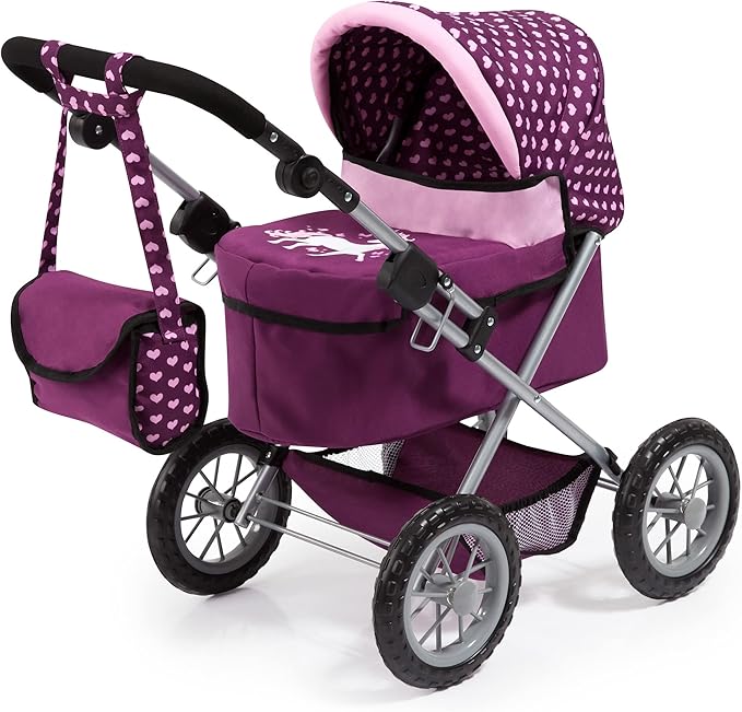 Bayer Design Dolls: Trendy Pram - Burgundy, Pink, Hearts - Includes Shoulder Bag, Fits Dolls Up to 18", Adjustable Handle, Kids Pretend Play, Shopping Basket, Easy to Fold, Ages 3+