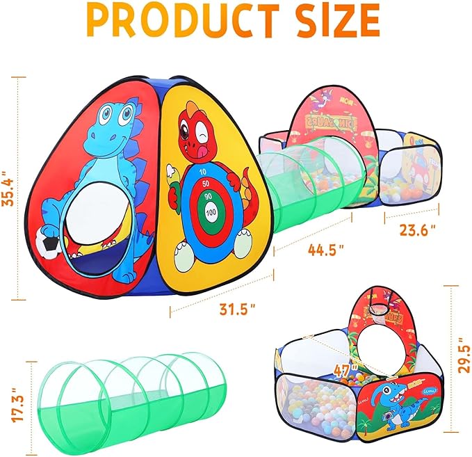 3pc Dinosaur Kids Play Tent with Tunnel and Ball Pit for Boys & Girls, Pop Up Playhouse Tent for Toddlers Indoor & Outdoor Use