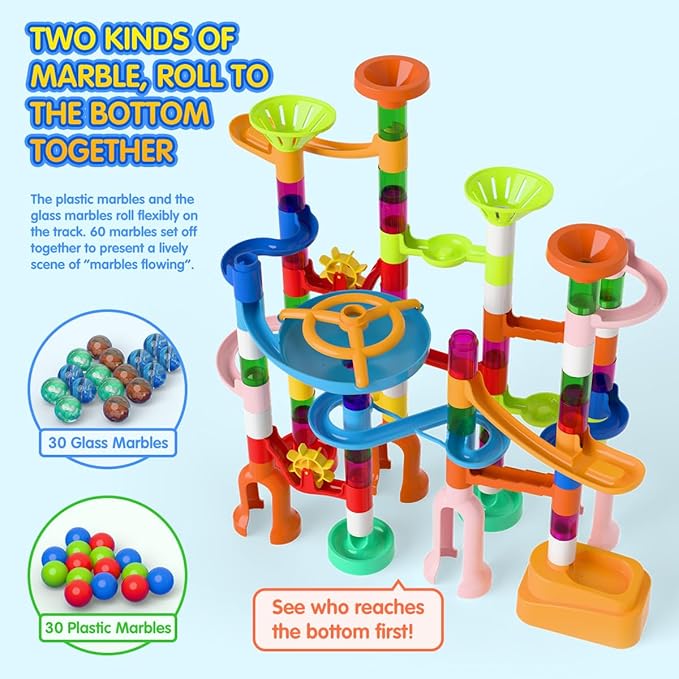 Marble Run for Kids,135 PCS Marble Maze Track Set - Educational Building Block Toys Set for Boys Girls STEM Learning (75 Blocks + 60 Marbles)