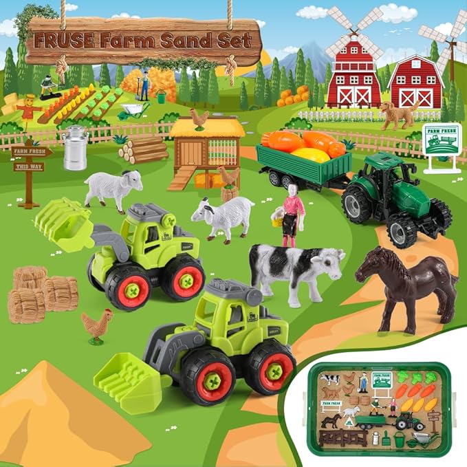 FRUSE Play Sand Farm Toys,Sensory Bins for Toddlers with 2.2lbs Sensory Play Sand,Farm Figures & Tractor Playset,Sandbox Toys for Kids 3 4 5 6 7