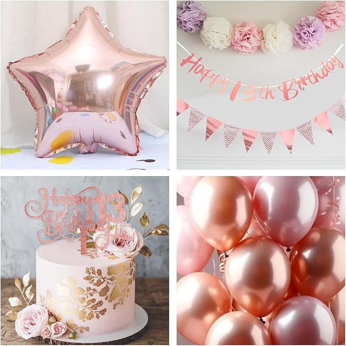 13th Birthday Decorations for Girls, Retro Pink Number 13 Balloon Set Happy 13th Birthday Banner Cake Topper Dusty Pink Beige Nude Rosegold Star Balloons for Boho 13 Year Old Bday Party Decoration