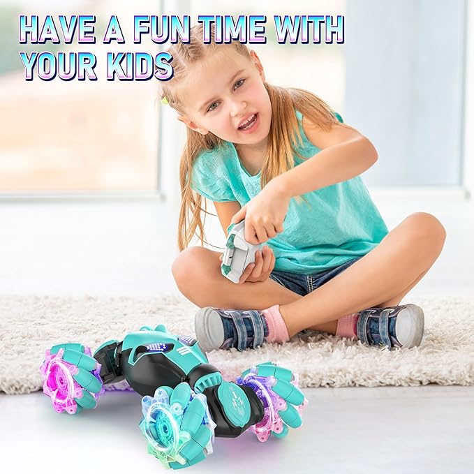 Gesture RC Cars, Hand Controlled Stunt Car for 6-12 yr Boys Girls, 2.4GHz Gesture Sensor Remote Control Cars, 4WD RC Twist Car with Light Music for Kids Birthday Xmas Gift Blue