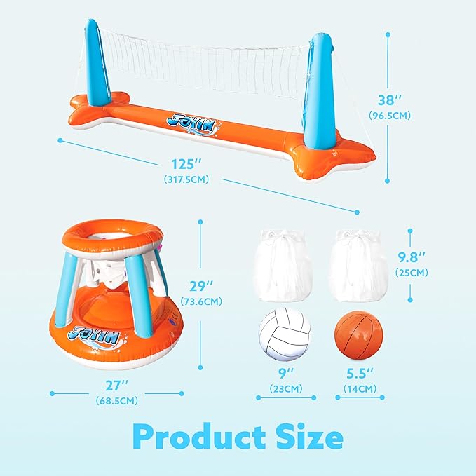 JOYIN XL Inflatable Pool Float Set, 125'' Volleyball Net & Basketball Hoops, Extra Large Floating Swimming Game Toy for Kids and Adults, Summer Floaties, Volleyball Court|Basketball, XL-Orange