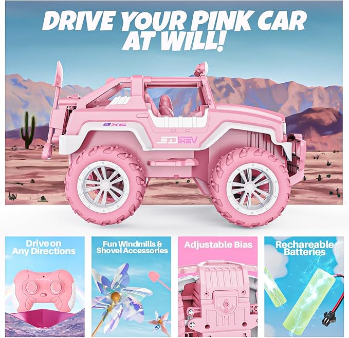 BEZGAR Remote Control Car for Girls - 1:16 Pink RC Cars with 4 Windmills, 2.4GHz with LED Lights, 80 Mins Play with Rechargeable Battery, Truck Jeep Toys for Kids