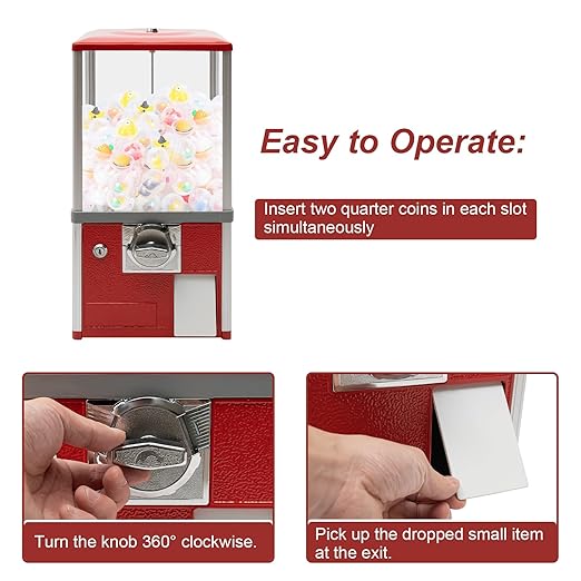 25 Cents Coin Operated Vending Machine, 20.87" Height Commercial Candy Gumball Machine Huge Load Capacity Candy Vending Machine, Big Capsule Vending Machine for 1.77-1.97in Ball Diameter (Red)