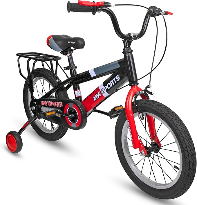 Slippery Racer MW Sports 16 inch Kids Bike with Removable Training Wheels, Hand Brakes and Back Relay Rack for Ages 4-6 Years.