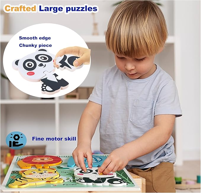Safari Animal Toddler Puzzles Ages 1-3, Wooden Puzzles for Toddlers 2-4, Fun Educational Toys for 18-36 Months Baby,Crafted Wood Birthday Gifts for 24+ Month Little Girls Boys