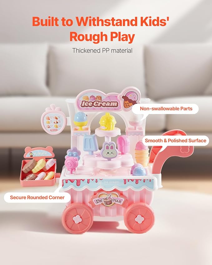 VEVOR Ice Cream Cart for Kids, 27 PCS Accessories, Pretend Play Store with Storage Trolley with Pretend Money, Sound & Light Effects, Montessori Educational Ice Cream Truck Toys for Toddlers 3+ (Pink)