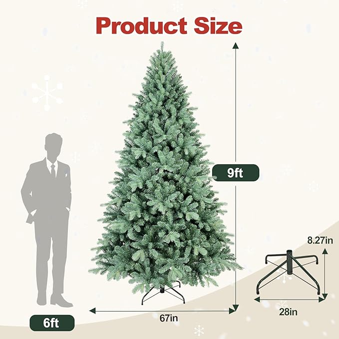9 Ft Blue Spruce Artificial Christmas Tree, Hinged Unlit Xmas Trees with 3268 PE&PVC Mixed Branch Tips, Home Holiday School Decor with Foldable Base Easy Setup