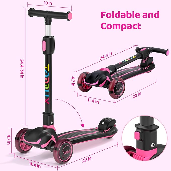 TONBUX Kids Scooter, Light Up 3 Wheel Kick Scooters for Kids 3-12, Folding Scooters with Adjustable Height - Toddler Scooter Lean-to-Steer & Widen Anti-Slip Deck