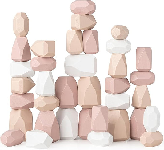 Comfy Cubs Stacking Rocks 36 Pieces, 36 Months+, Educational Toddler Stacking Blocks, Promotes Imagination, Balance & Fine Motor Skills - Wooden Rocks Sensory Toys Gift for Kid, Girl Pack