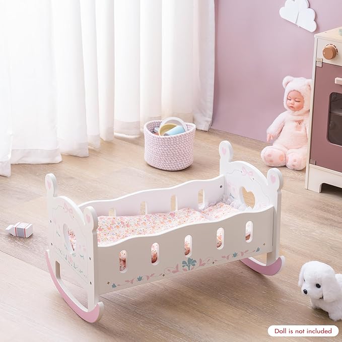 ROBOTIME Wooden Baby Doll Crib, Doll Cradle Bed for 18-24 Inch Dolls, Baby Doll Crib Set with Blanket and Pillow, Toy Doll Bed for Girls Ages 3+