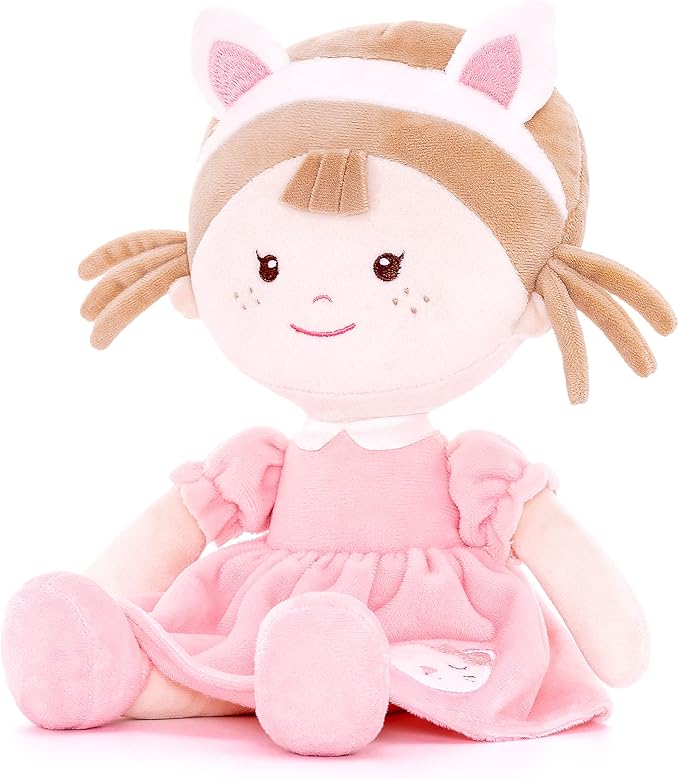 Onetoo First Baby Dolls Cuddle Soft Doll Baby Dolls Plush Rag Doll Wear Kitty Costume PinkDress 14"(Milly Series)