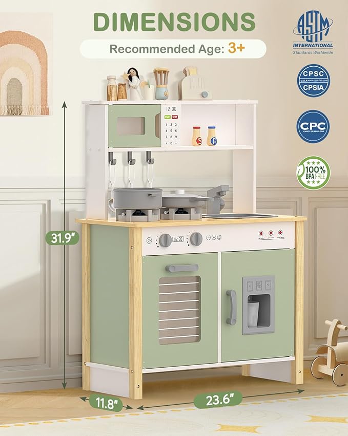 Babytronic Kids Play Kitchen, Wooden Kitchen Playset for Kids Ages 3+ with Real Lights, Sounds, Stove, Sink, Oven, and 30 Pcs Accessories, Toys Kitchen Small Pretend Play Kitchen for Toddlers (Green)