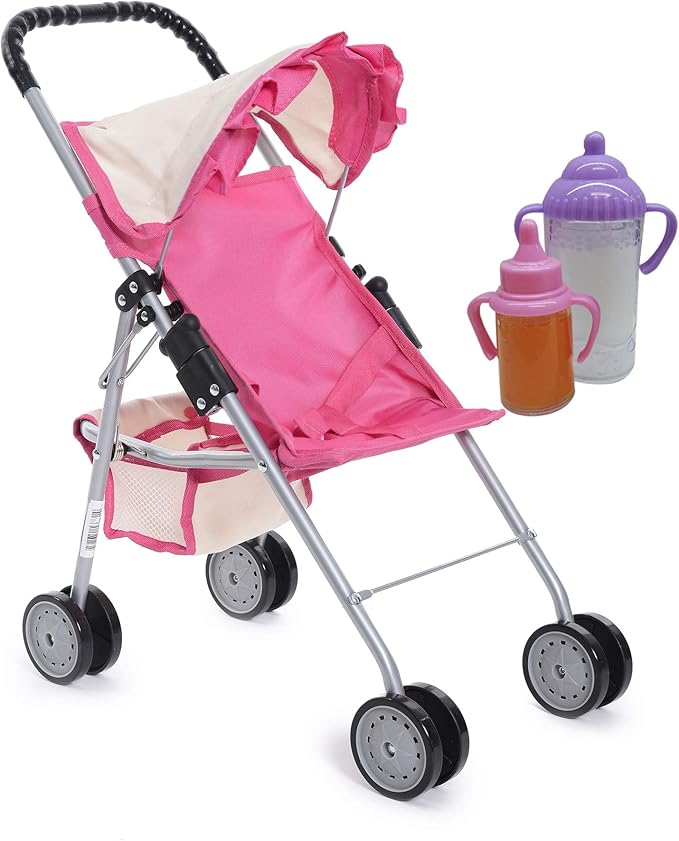 fash n kolor My First Doll Stroller with Basket - Pink Off-White Foldable Doll Stroller - Fits Upto 18" Dolls, 2 Free Magic Bottles Included