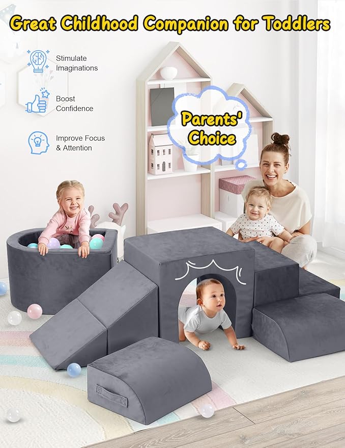 Kidirect Foam Climbing Blocks, 6 Pieces Climbing Toys for Toddlers 1-3 Inside with Baby Ball Pit &Crawling Tunnel, Soft Play Foam Blocks for Toddlers 1-3 Baby Climbing Gym for Kids' Indoor Climbers