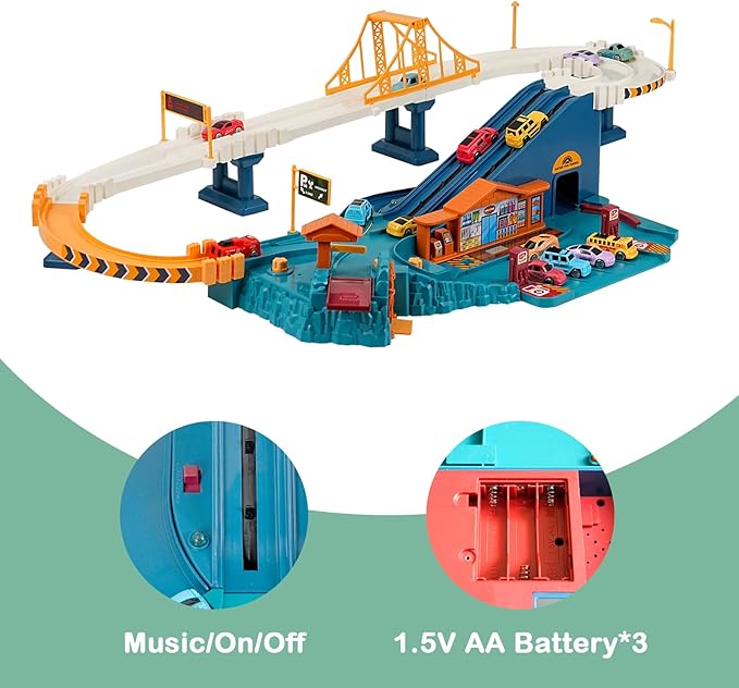 Toy Car Ramp Track, Climbing Hills Railcar Colorful Vehicles Construction Play Set with 12 Mini Racer Cars for Kids 3+(City)