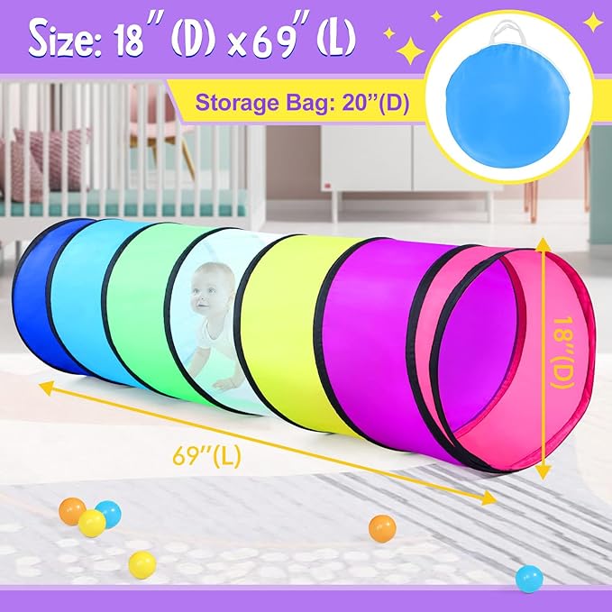 Colorful Baby Play Tunnel for Toddlers with Mesh Window, Cat Tunnel for Dogs Pets, Kids Crawling Tunnel Play Tent Pop Up Toddlers Tunnel Indoor Outdoor Toy Gift (Rainbow Baby Tunnel)