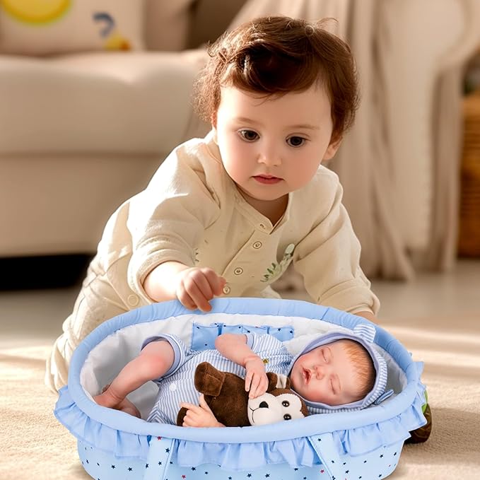 Aori 8 Pcs Reborn Baby Dolls Outfit Set with Bassinet Accessories for 16-18 Inch Baby Doll, Blue Carrier Bed and Baby Doll Clothes fit Newborn Baby Dolls