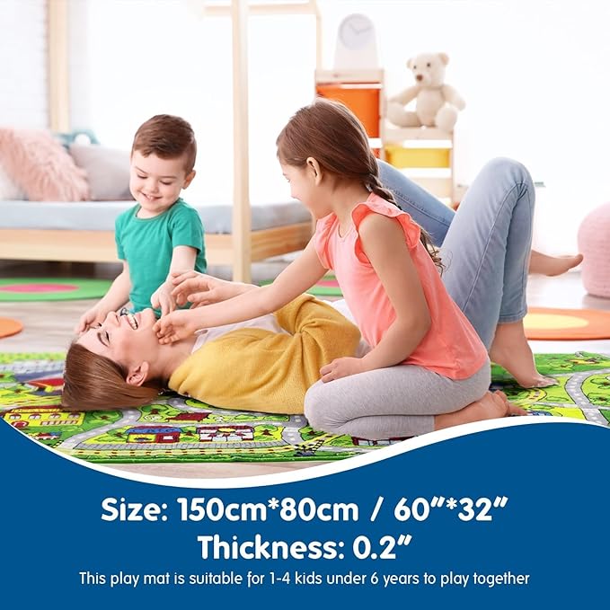 Booooom Jackson Kids Play Mat - Soft, Non Slip Race Car & Train Rug, Washable Area Rug for Bedroom, Playroom, Preschool