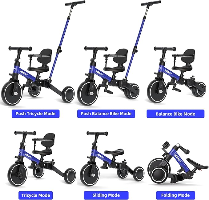 XJD Toddler Bike, 6 in 1 Folding Toddler Tricycle for 1-4 Year Old with Push Handle, Balance Bike with Removable Pedal,Backrest, Adjustable Seat Height and Handle, First Birthday Gifts (Blue)