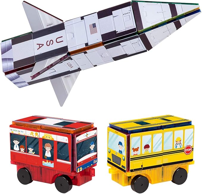 PicassoTiles Magnet Building Blocks STEM Learning Construction Toy Set Early Education Kit 3-in-1 Rocket, School Bus, Train Theme Stick-On Puzzle Pretend Play Magnetic Tiles Kids Building Block Toys