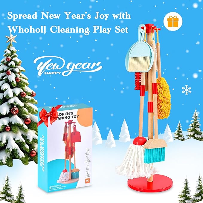 WHOHOLL Kid Cleaning Set, Wooden Toddler Broom Set for Housekeeping, 9 Pcs Kids Broom and Mop Set for Toddlers, Baby Cleaning Toys with Dustpan Sponge, Play Set for Boys and Girls