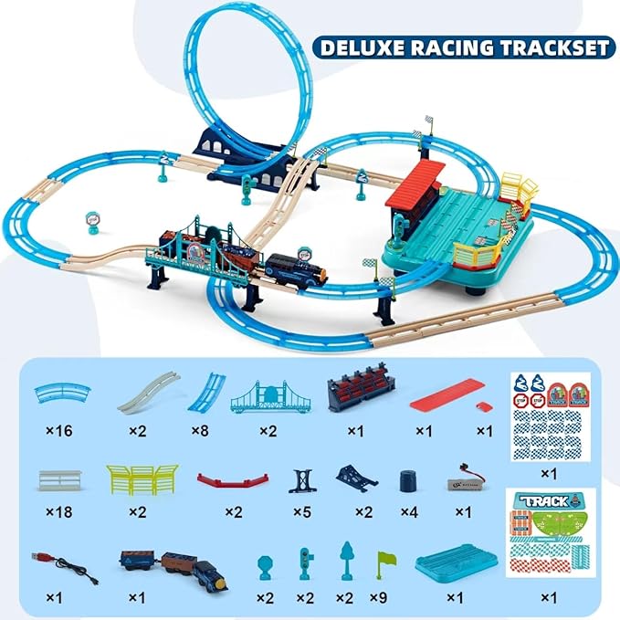 Train Set 85pcs,360° Transformed DIY Train Track Set,Rechargerable Electric Train Set with Realistic Train Station, Train Toys for Birthday Gifts for Kids Boys Girls