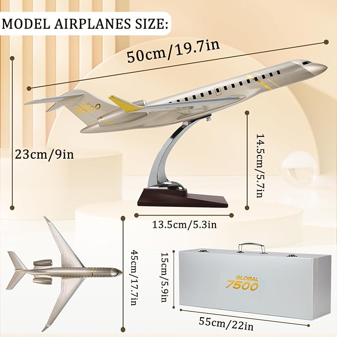 19.7”Collection Model Jet Airplane, Aviation Models Scale 1:72 Bombardier 7500 Model Aircraft for Office Home Desk Decoration or Gift (Golden)