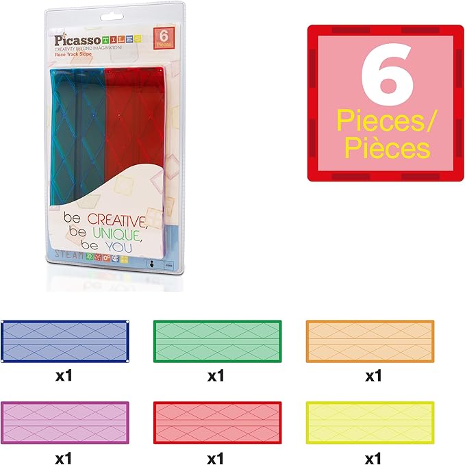 PicassoTiles 6 Piece Race Track Ramp Magnetic Building Block Set Magnet Tiles Construction Toy STEM Learning Kit Education Playset Playboard Pretend Play Stacking Blocks Child Brain Development PTR06