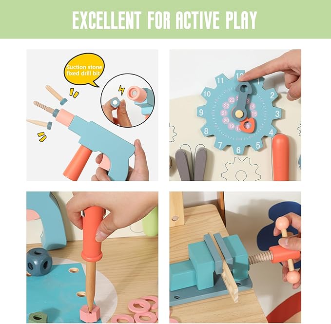Wooden Power Tool Workbench for Kids, Building Tools Sets Pretend Play Toys - Construction Workbench with Wrench, Screwdriver, Miter Saw and Hammer - Educational Gift for Toddlers Age 3 and Up