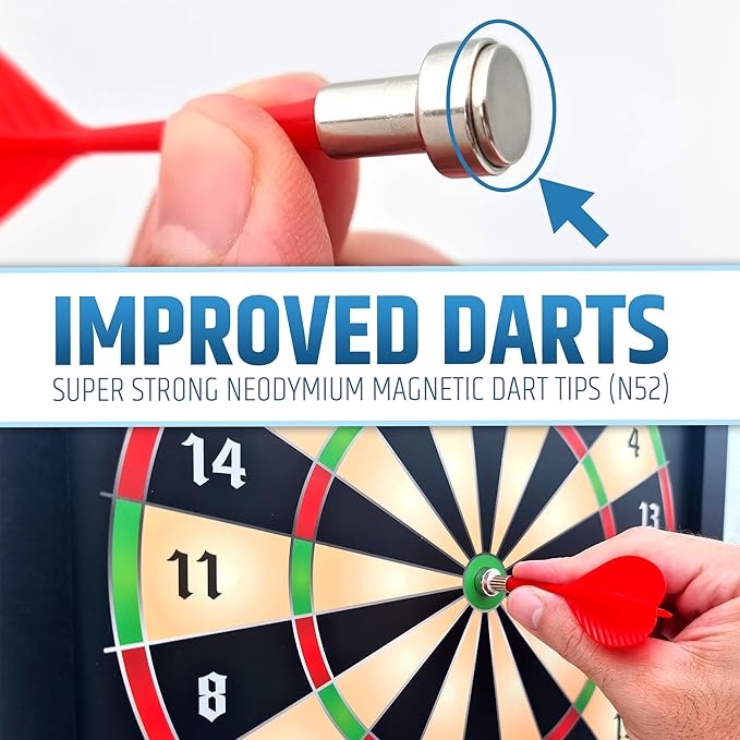 HMmagnets Large & Safe Magnetic Dart Board (Wooden Frame) for Kids & Adults - Fun Game for Up to 4 Players - Including 12 Colorful Darts + Dry Erase Score Board (2 Markers+Eraser) | Sturdy & Durable