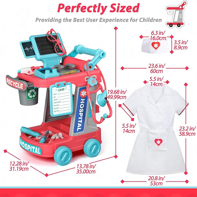 Liberry Doctor Kit for Toddlers Aged 2 3 4 5, Pretend Doctor Playset for Kids with Cart, Costume and Stethoscope, Role Play Medical Toy for Girls Boys (Red)