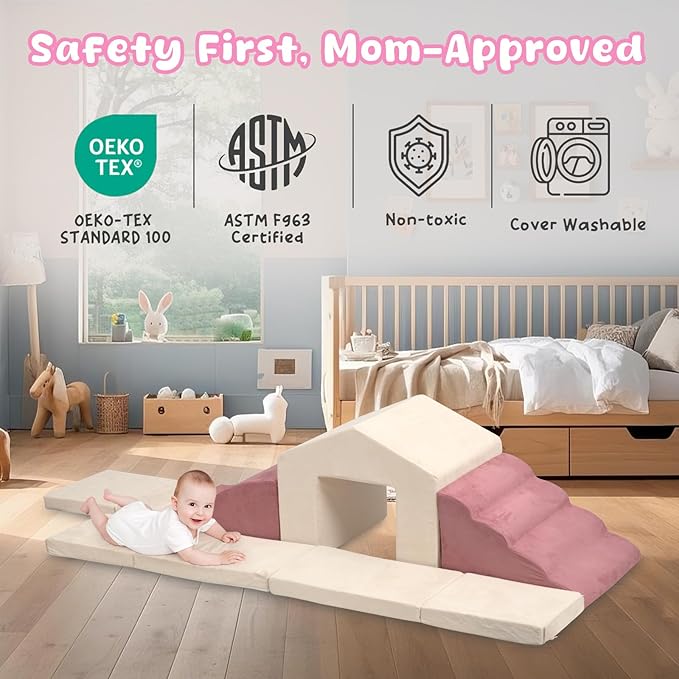 Foam Climbing Blocks with Foldable Ball Pit for Toddlers| 6PCS Baby Climb and Crawl Activity Playset for 6-18 Months,2025 Upgraded OEKO-TEX Certified High-density Foam Play Gym (Balls not Included)