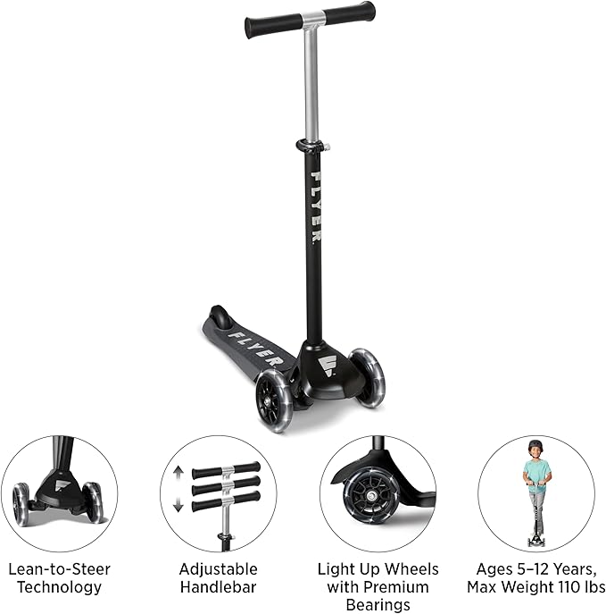 Kids Scooter, 3 Wheel Scooter, Flyer Glider Pro with Light Up Wheels, Black, Radio Flyer Ride On Toys for Kids 5-12 Years Old, for Outdoor Riding