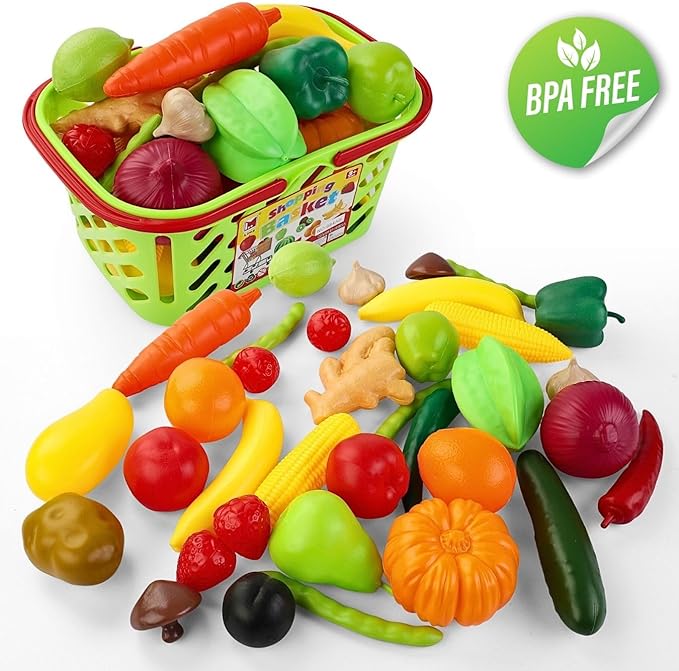 38 PCS Fruits and Vegetables Shopping Basket Play Food Plastic Toys Set, Healthy Farmer's Market Grocery Educational Pretend Play Set for Kids