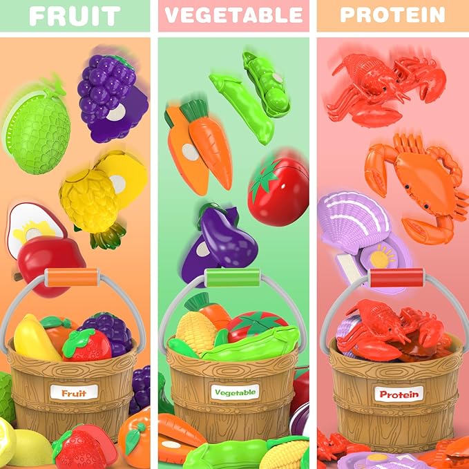 Sorting Play Food Sets - 5 Buckets with Handle, 1 Storage Basket, Cutting Fake Food Toys for Kids Kitchen, Pretend Play Accessories for Toddler, Preschool Learning Educational Birthday